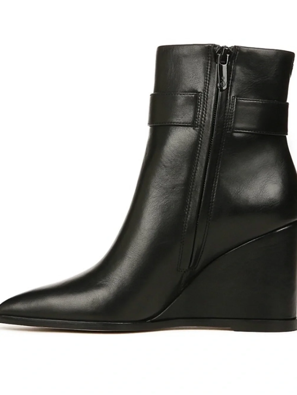 SAM EDELMAN Black Leather Wedge Ankle Boots with Decorative Buckle - Women NWT
